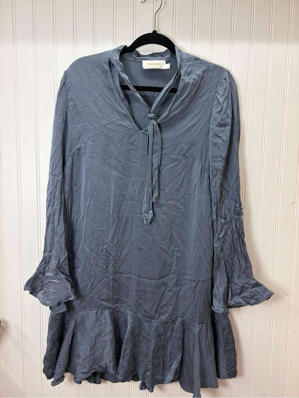 Zimmermann Slate Blue Long-Sleeve Tie-Neck Ruffle silk old money luxury Dress